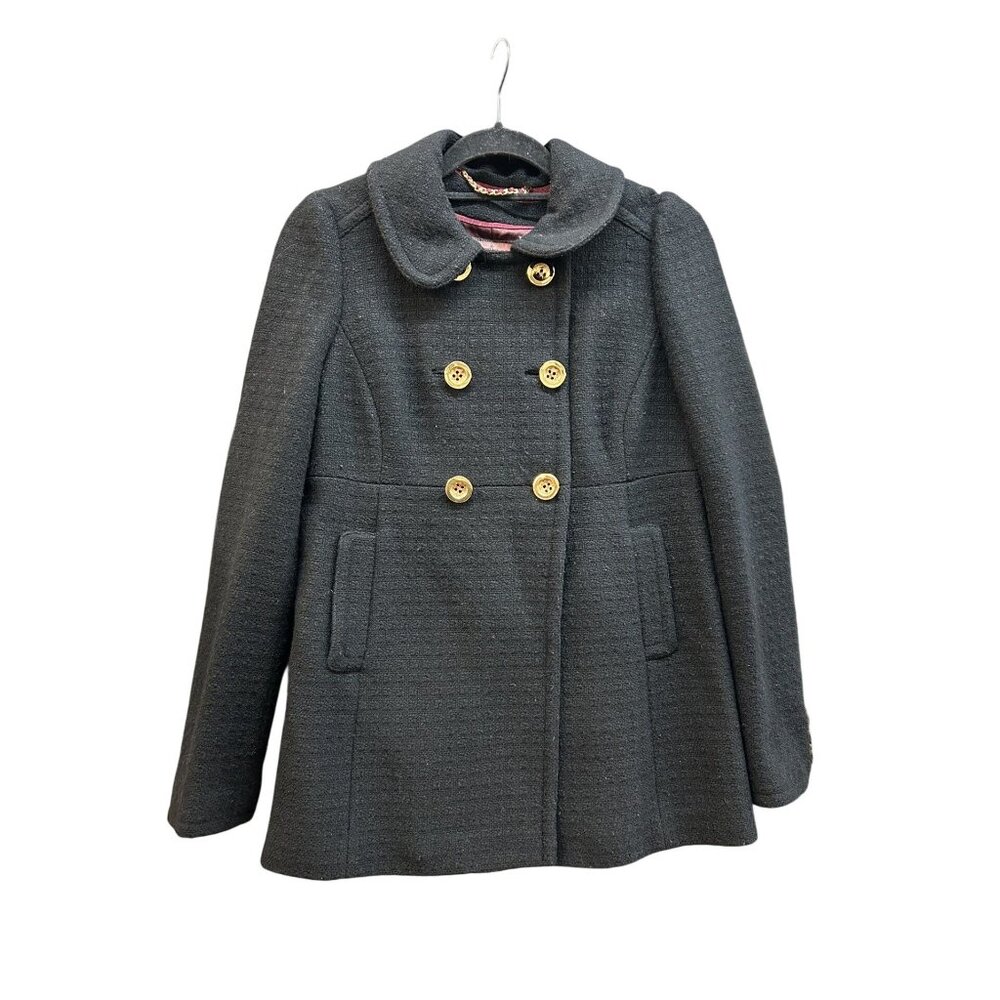 Juicy Couture Black Double-Breasted Wool‎ Blend Peacoat With Gold Buttons